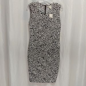 Cato Sleeveless Sheath Dress, Cross-Pleat Black/White Leopard Print, J/M Size 10